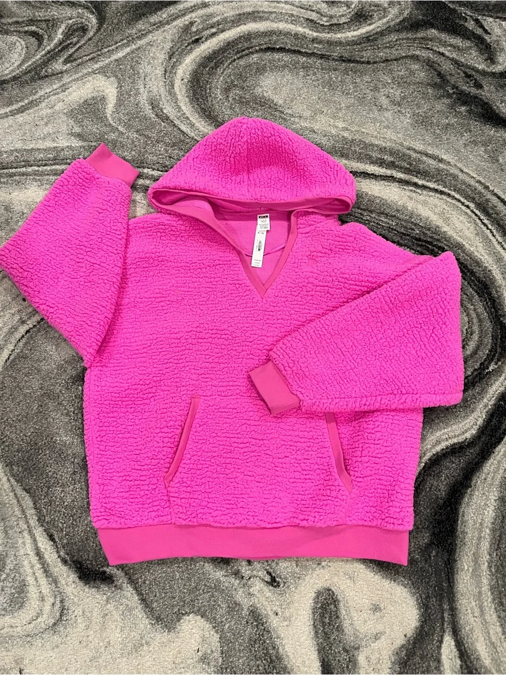 PINK Victoria's Secret Neon Pink Sherpa V-Neck Hoodie Oversized XLarge NWT